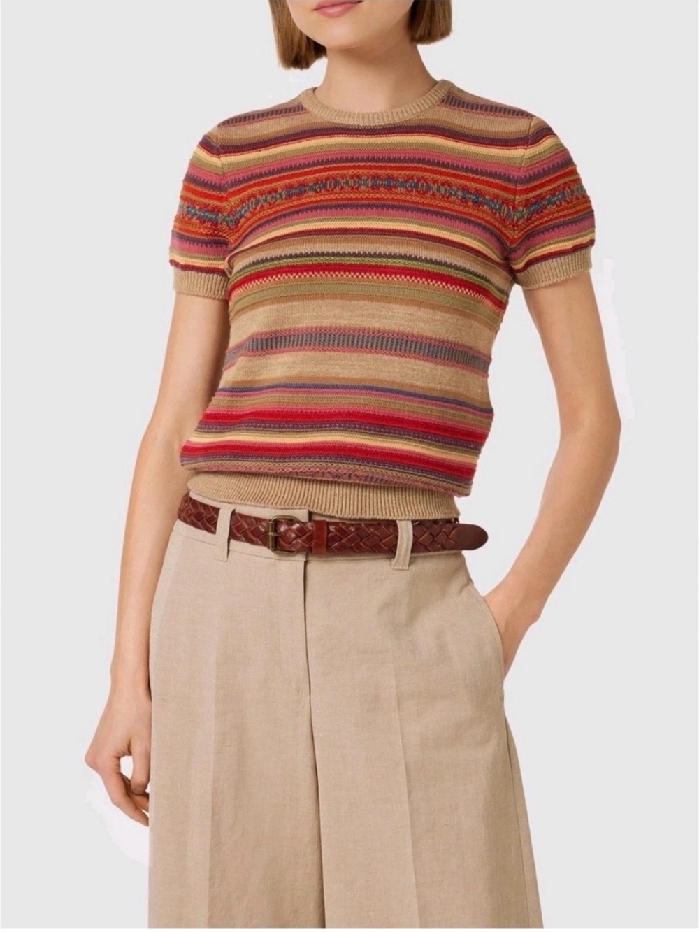 Lauren Ralph Lauren Geo-Striped Short-Sleeve Sweater Fair Isle Cotton Linen PM